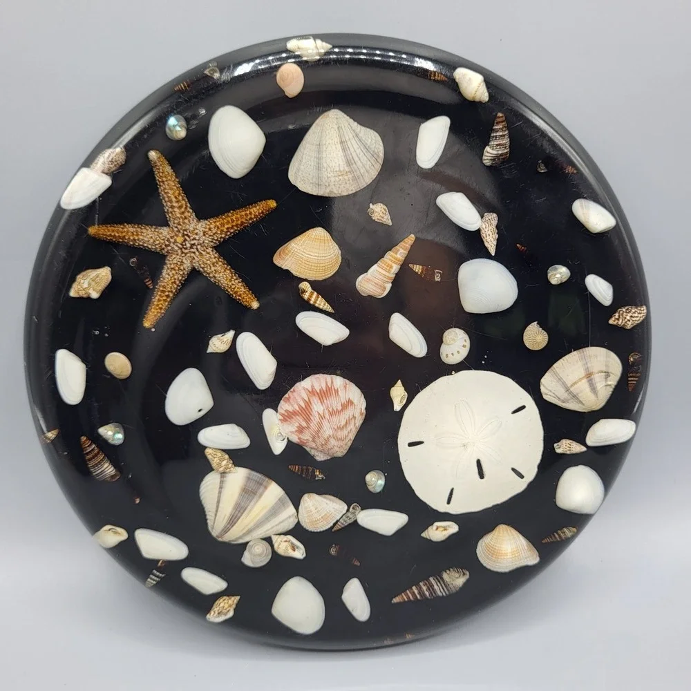 Vtg Lucite Resign Trivet Seashell Starfish Sand Dollar Black Kitchen Decor 8